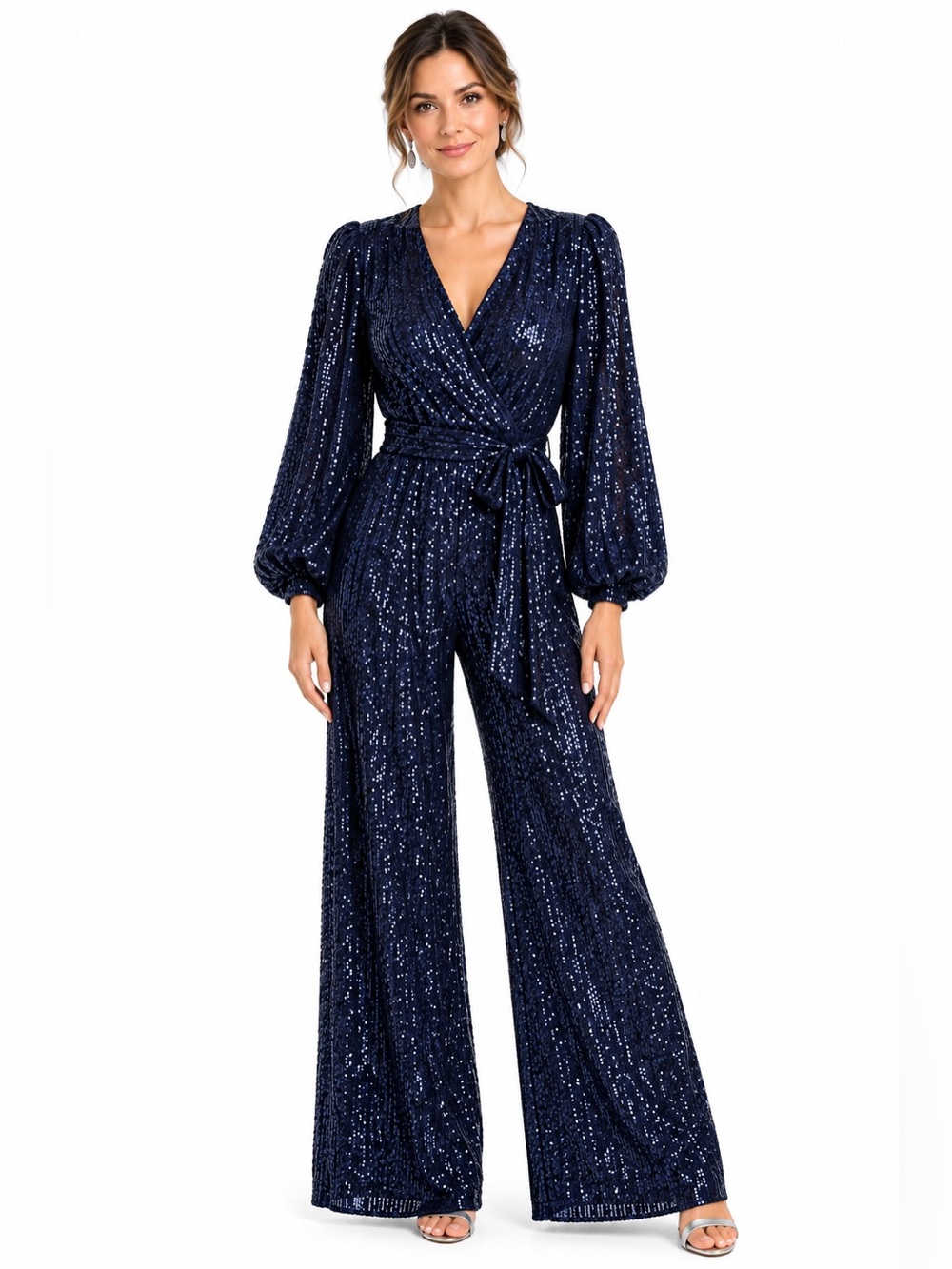 Skies Are Blue Sequin Jumpsuit Navy Women’s M Tie Waist Wide Leg Dressy Holiday - Picture 1 of 15